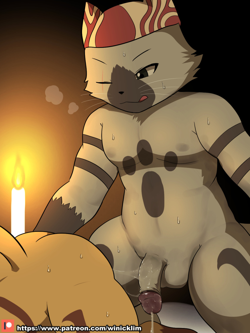 2020 3:4 after_sex ambiguous_gender anthro balls bodily_fluids butt candle capcom cum cum_on_penis cum_string digital_media_(artwork) duo english_text felid felyne fur genital_fluids genitals glans hi_res humanoid_genitalia humanoid_penis lit_candle lynian male male/ambiguous male_focus mammal monster_hunter one_eye_closed palico patreon penis pull_out solo_focus sweat text tongue tongue_out url video_games whiskers winick-lim