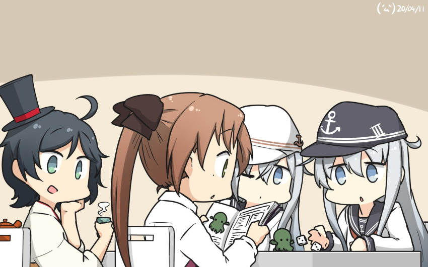 4girls ahoge akigumo_(kantai_collection) anchor_symbol bangs black_hair black_sailor_collar blue_eyes book brown_hair chair commentary_request dated flat_cap green_eyes grin hair_ribbon hakama hammer_and_sickle hamu_koutarou hat hibiki_(kantai_collection) highres japanese_clothes kantai_collection long_hair looking_at_another matsukaze_(kantai_collection) mini_hat mini_top_hat multiple_girls open_book open_mouth ponytail remodel_(kantai_collection) ribbon sailor_collar school_uniform serafuku short_hair signature sitting smile swept_bangs top_hat verniy_(kantai_collection) wavy_hair white_hair