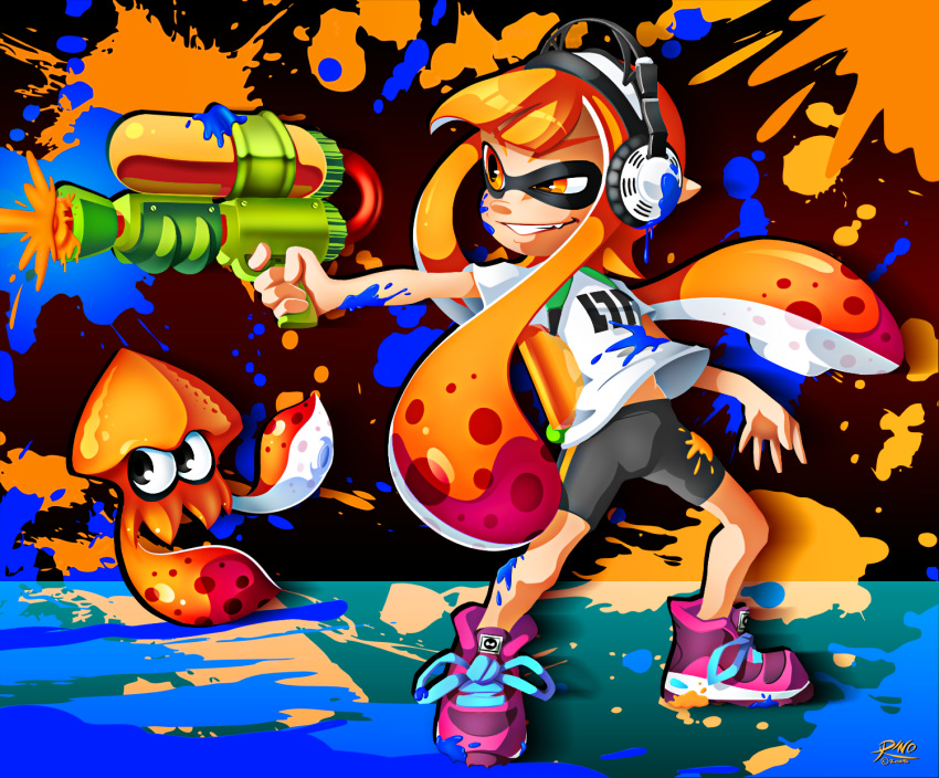 2015 ambiguous_gender animal_humanoid cephalopod cephalopod_humanoid clothing coleoid decapodiform duo female footwear headphones hi_res humanoid humanoid_pointy_ears inkling marine marine_humanoid mollusk mollusk_humanoid nintendo orange_eyes pseudo_hair r-no71 signature smile splatoon tentacle_hair tentacles video_games water_gun