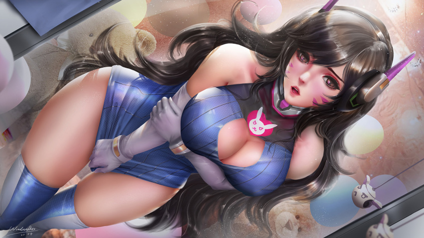1girl adapted_costume alternate_breast_size alternate_hair_length alternate_hairstyle animal_print arm_under_breasts artist_name bangs bare_shoulders blue_dress blush breasts bunny_print cleavage cleavage_cutout d.va_(overwatch) dated dress dress_tug dutch_angle elbow_gloves facepaint female_pov gloves halter_dress headphones kaze_no_gyouja large_breasts leaning_forward lips looking_at_mirror looking_at_viewer mirror nose_blush open_mouth overwatch pink_lips pov reflection ribbed_dress short_dress solo stuffed_animal stuffed_toy swept_bangs teddy_bear thighhighs thighs whisker_markings white_gloves