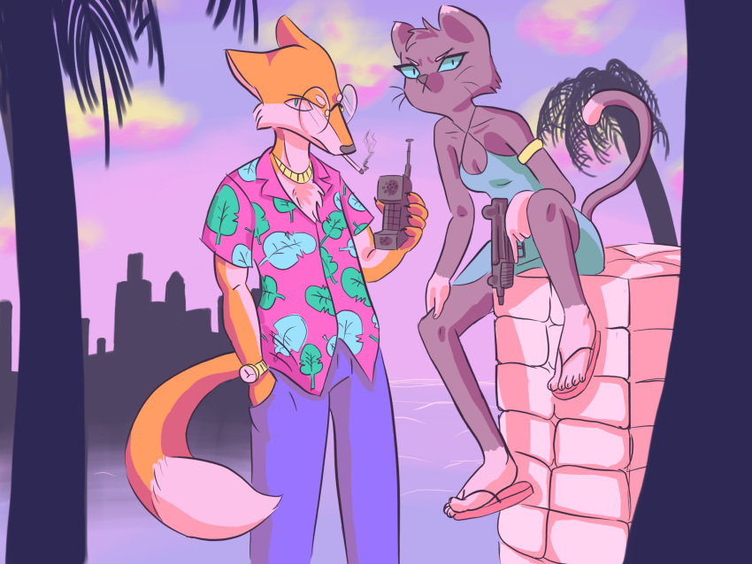 4:3 5_toes 80's_theme 80s_phone aloha_shirt angry angry_eyes anthro blue_eyes blue_sclera breasts canid canine cigarette city_background claws clothing cocaine digital_media_(artwork) domestic_cat dress drug_smuggeling drugs duo eyewear feet felid feline felis female flip_flops floral_shirt footwear fox fur glasses gold_(metal) gold_jewelry grand_theft_auto grand_theft_auto:_vice_city grey_body grey_fur hi_res humanoid_feet jewelry male mammal menacing miami miami_vice mistic_hobo_(artist) palm_tree rockstar_games round_glasses sandals seaside short_dress small_breasts smoking toe_claws toe_curl toes tree video_games
