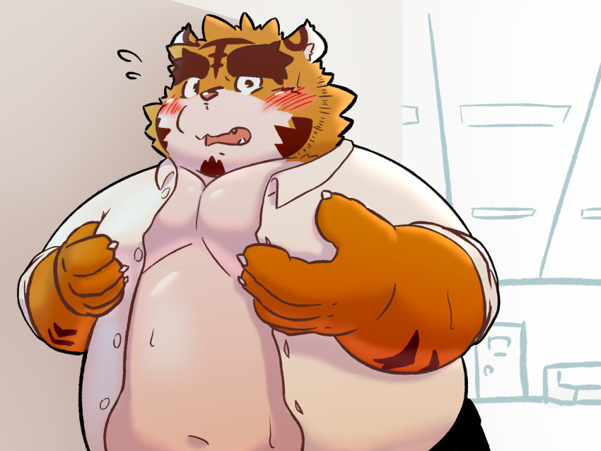 2020 4:3 anthro belly blush clothed clothing cute_fangs felid hi_res k_gutless kemono male mammal moobs navel open_shirt overweight overweight_male pantherine shirt solo tiger topwear