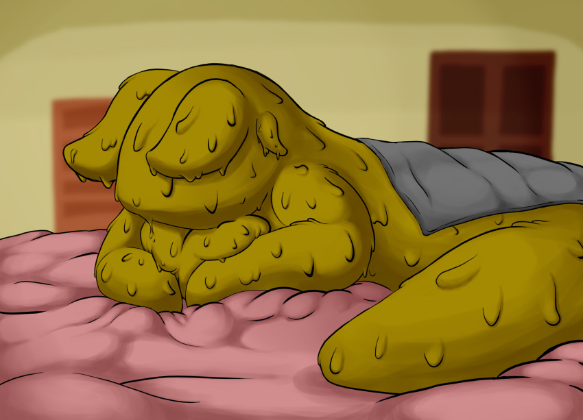 anthro bed bed_sheet bedding blanket breasts digital_media_(artwork) dripping drippy female furniture gastropod hi_res lying mollusk nude on_bed psychpsyo slug solo