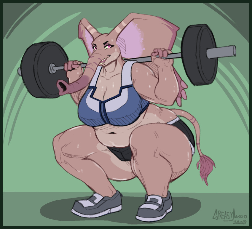 anthro barbell big_breasts bodily_fluids breasts cleavage clothed clothing elephant elephantid exercise female greasymojo hi_res mammal musclegut muscular muscular_female proboscidean sarah_fairhart slightly_chubby sweat weightlifting workout