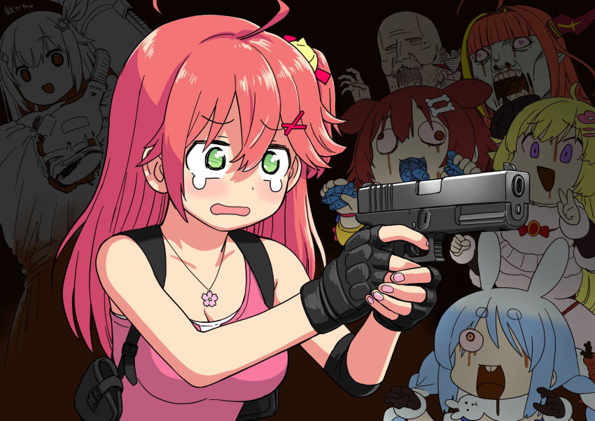 6+girls ahoge alternate_costume animal_ears bangs bare_shoulders black_gloves blonde_hair blood blunt_bangs breasts bunny_ears bunny_girl collarbone cosplay dog_ears dog_girl elbow_pads eyebrows eyebrows_visible_through_hair fingerless_gloves gloves green_eyes gun handgun highres holding holding_gun holding_weapon hololive inugami_korone jewelry kiryuu_coco multiple_girls nail_polish necklace nemesis nemesis_(cosplay) open_mouth pink_hair pink_nails pistol resident_evil resident_evil_3 sabaku_chitai sakura_miko tears tokino_sora tokino_sora_channel tsunomaki_watame usada_pekora v virtual_youtuber weapon zombie