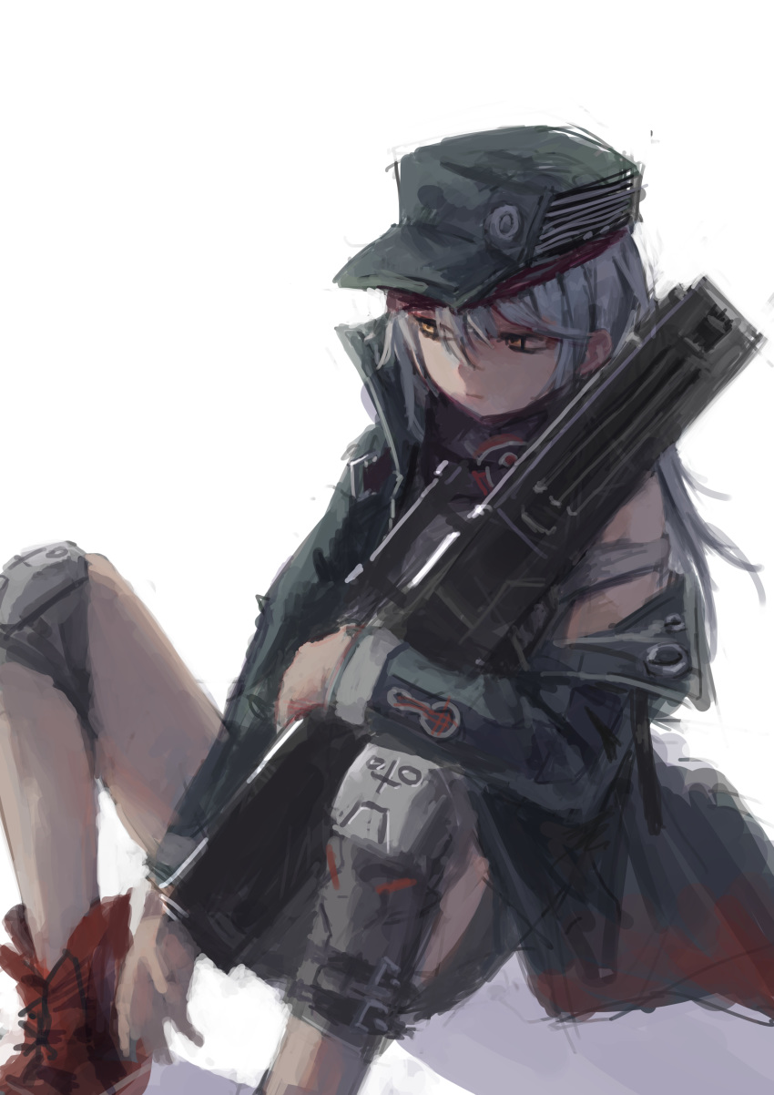 1girl absurdres assault_rifle between_legs boots closed_mouth feet_out_of_frame g11_(girls_frontline) girls_frontline grey_hair gun h&amp;k_g11 hair_between_eyes hand_between_legs hat high_collar highres holding holding_gun holding_weapon jacket knee_pads long_sleeves looking_to_the_side off_shoulder red_footwear rifle scope sitting solo treeware weapon yellow_eyes