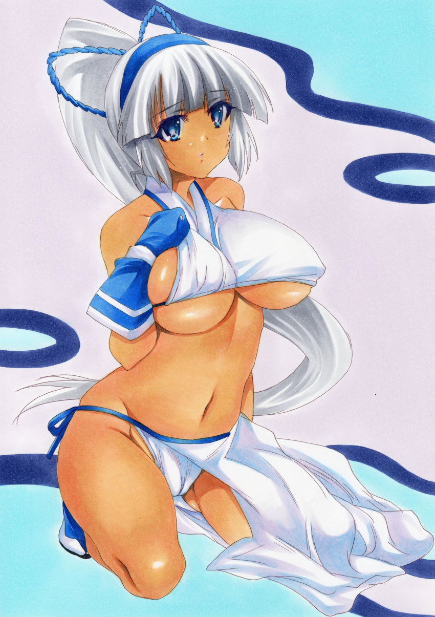 1girl absurdres bangs bare_shoulders blue_eyes breasts cameltoe closed_mouth commentary_request covered_nipples dark_skin eyebrows_visible_through_hair full_body fundoshi gloves hairband highres japanese_clothes kneeling large_breasts long_hair majikina_mina midriff nauz4224 navel ponytail samurai_spirits shiny shiny_skin simple_background solo stomach tied_hair traditional_media underboob white_hair