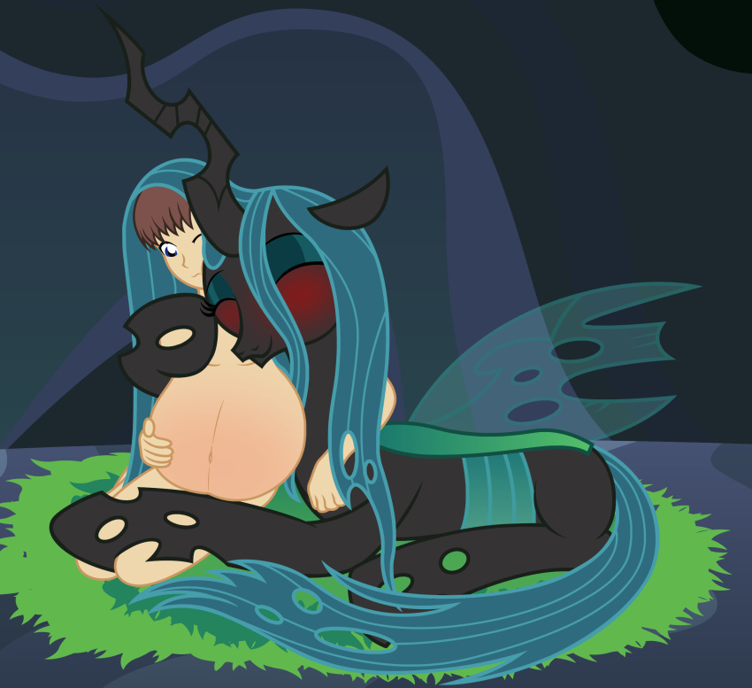 arthropod badumsquish bestiality blush changeling cuddling eyeshadow feral friendship_is_magic generic_messy_hair_anime_anon green_eyeshadow hi_res hug human insect_wings makeup male_pregnancy mammal my_little_pony pregnant pregnant_male wings
