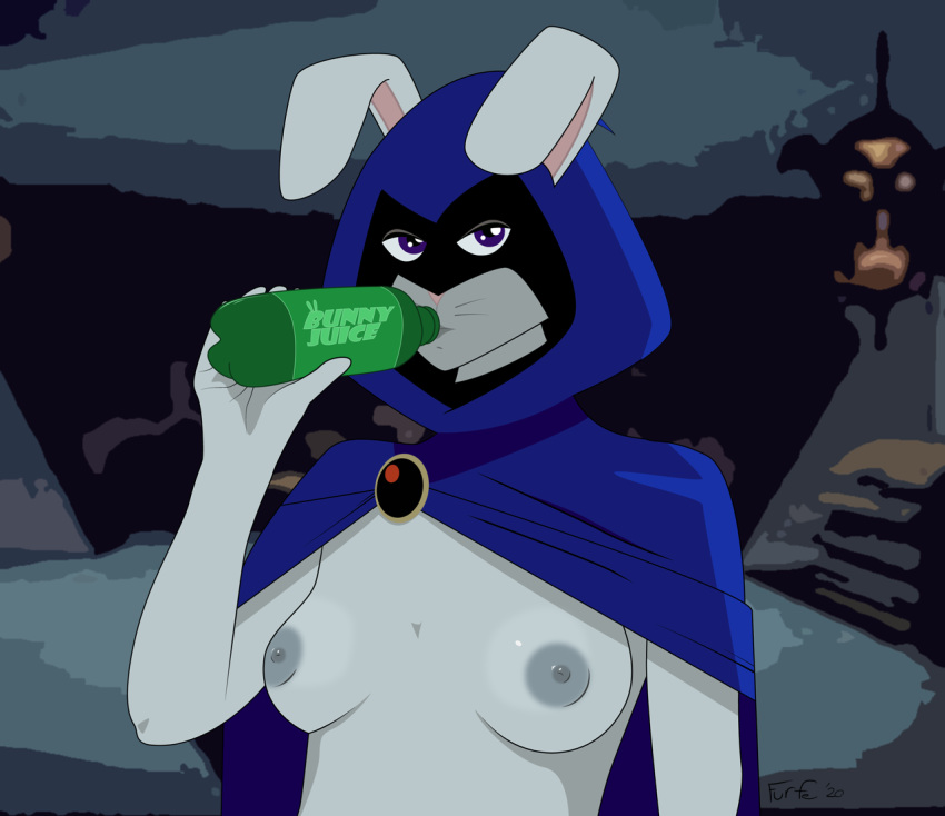 anthro breasts cape clothed clothing dc_comics drinking female furfe hoodie humanoid lagomorph leporid looking_at_viewer mammal nipples partially_clothed rabbit raven_(dc) smug solo standing teen_titans topwear