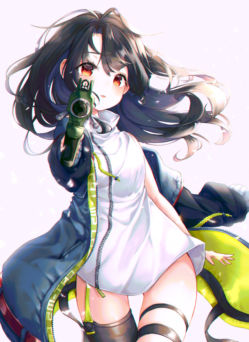 1girl absurdres aiming_at_viewer bangs bare_arms bare_shoulders bbeedol black_hair black_legwear blue_jacket c-ms_(girls_frontline) cbj-ms commentary drawstring dress floating_hair girls_frontline gun hair_between_eyes highres holding holding_gun holding_weapon huge_filesize jacket long_hair long_sleeves looking_at_viewer open_clothes open_jacket parted_lips pink_background puffy_long_sleeves puffy_sleeves red_eyes single_thighhigh sleeveless sleeveless_dress solo thighhighs weapon white_dress