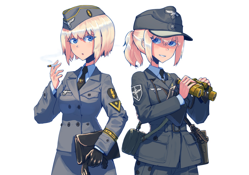 2girls binoculars blonde_hair blue_eyes cigarette commentary_request erica_(naze1940) garrison_cap german_commentary germany gloves gloves_removed hat highres military military_hat military_uniform multiple_girls necktie original ponytail short_hair single_glove smoking uniform white_background world_war_ii