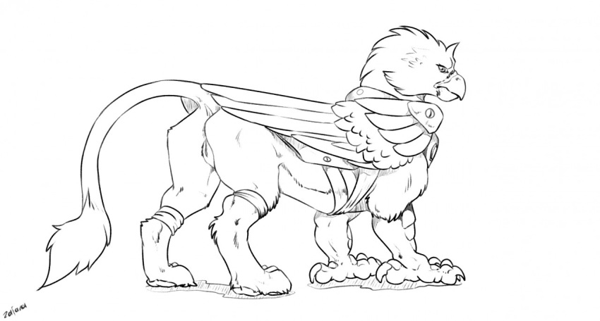 2020 armor avian beak black_and_white digital_media_(artwork) feathered_wings feathers female feral genitals gryphon monochrome mythological_avian mythology pussy quadruped side_view signature simple_background solo tail_tuft talons tuft white_background wings zafara_(artist)