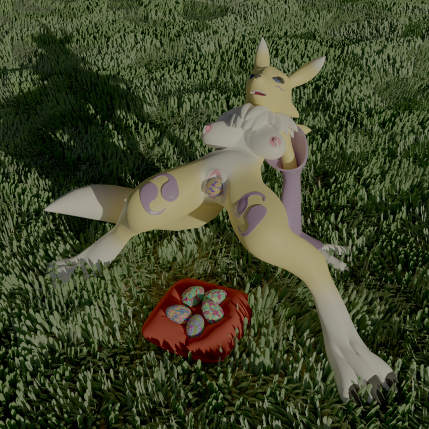1:1 3d_(artwork) anthro big_breasts bodily_fluids breasts canid canine clothing digimon digimon_(species) digital_media_(artwork) egg female fur genitals hair mammal nipples nude olla open_mouth oviposition penetration pussy renamon simple_background solo tuft vaginal vaginal_penetration video_games white_body white_fur yellow_body yellow_fur