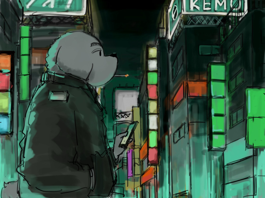 2020 4:3 anthro black_nose canid canine canis city clothed clothing detailed_background domestic_dog fur hi_res kemono mammal michimuchimuchi night phone slightly_chubby smoking solo white_body white_fur