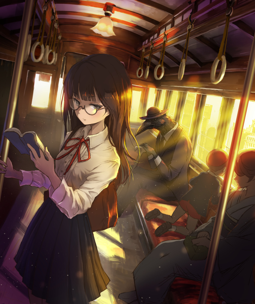 2boys 2girls bird black_hair book cane child commentary crow formal glasses ground_vehicle hat highres holding holding_book japanese_clothes kimono long_hair monster_boy multiple_boys multiple_girls original reading school_uniform suit sunset train train_interior ume_(illegal_bible)