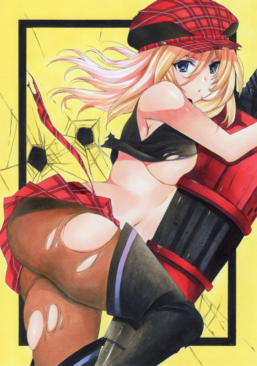 1girl absurdres alisa_ilinichina_amiella bangs bare_shoulders black_footwear blonde_hair blue_eyes boots breasts commentary_request god_eater hat highres holding lips long_hair looking_at_viewer medium_breasts midriff miniskirt nauz4224 pantyhose red_skirt shiny shiny_skin simple_background skirt solo thigh_boots thighhighs torn_clothes torn_legwear traditional_media weapon