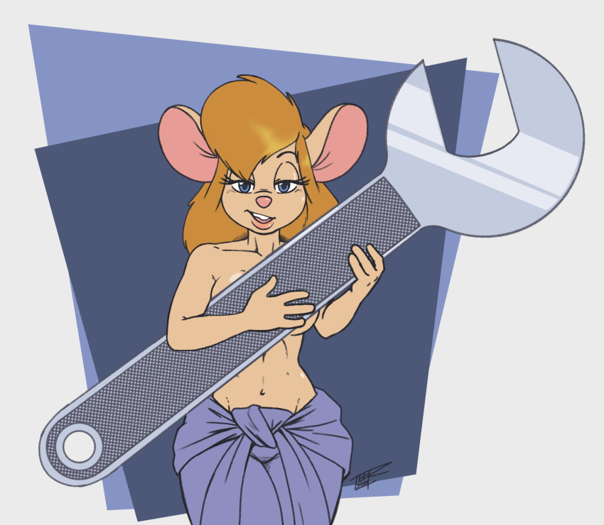 anthro bedroom_eyes chip_'n_dale_rescue_rangers convenient_censorship disney english_text female gadget_hackwrench hi_res looking_at_viewer mammal mouse murid murine narrowed_eyes rodent seductive solo teer text tools wrench