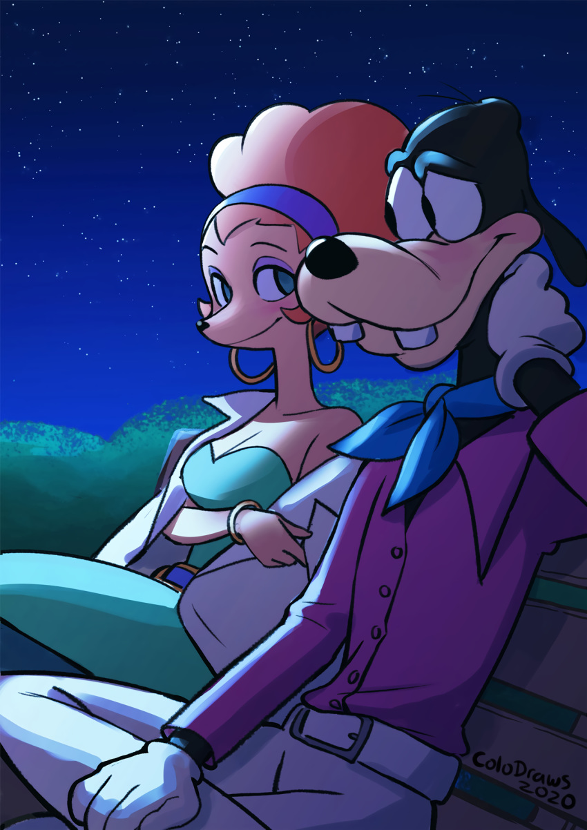 2020 anthro blush canid canine canis colo disney domestic_dog duo ear_piercing ear_ring female goof_troop goofy_(disney) hair hi_res male mammal night park_bench piercing red_hair romantic_ambiance romantic_couple sitting sylvia_marpole