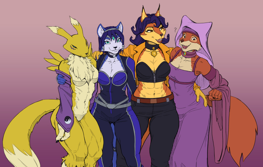 ? absurd_res anthro armwear big_breasts breasts canid canine carmelita_fox chest_tuft cleavage clothed clothing collar digimon digimon_(species) disney dress featureless_breasts female fox greasymojo group hi_res krystal maid_marian mammal nintendo renamon robin_hood_(disney) sly_cooper_(series) sony_corporation sony_interactive_entertainment star_fox sucker_punch_productions tuft video_games