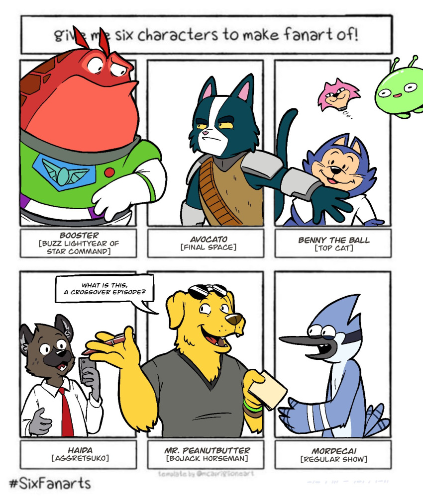 2020 4_fingers ? aggressive_retsuko alien anthro armor avian avocato benny_the_ball bird bird_dog black_nose blue_body blue_feathers blue_fur blue_jay bojack_horseman booster_sinclair_munchapper brown_body brown_fur brown_nose buzz_lightyear_of_star_command canid canine canis cartoon_network cellphone choo-choo_(top_cat) clothing corvid dialogue digital_media_(artwork) disney domestic_cat domestic_dog english_text eyewear eyewear_on_head feathers felid feline felis final_space fingers fur group haida hanna-barbera heyitscousindave hi_res holding_note_pad holding_object holding_pen holding_phone hunting_dog hyaenid jay_(bird) labrador male mammal mooncake_(final_space) mordecai_(regular_show) mr._peanutbutter necktie netflix new_world_jay open_mouth phone pink_nose pixar red_necktie regular_show retriever sanrio simple_background six_fanarts_challenge smartphone speech_bubble spotted_hyena sunglasses sunglasses_on_head tail_feathers text top_cat_(series) topwear v-neck ventrexian yellow_body yellow_eyes yellow_fur