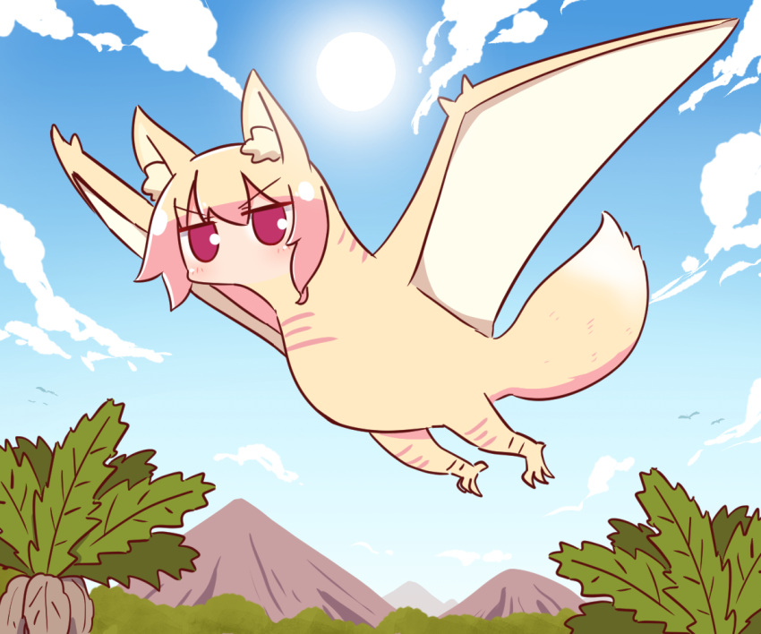 1girl animal_ear_fluff animal_ears animal_request bangs blonde_hair blue_sky cloud commentary_request day eyebrows_visible_through_hair flying fox_ears fox_girl fox_tail hair_between_eyes kemomimi-chan_(naga_u) long_hair mountain naga_u original outdoors red_eyes sky sun tail tree v-shaped_eyebrows