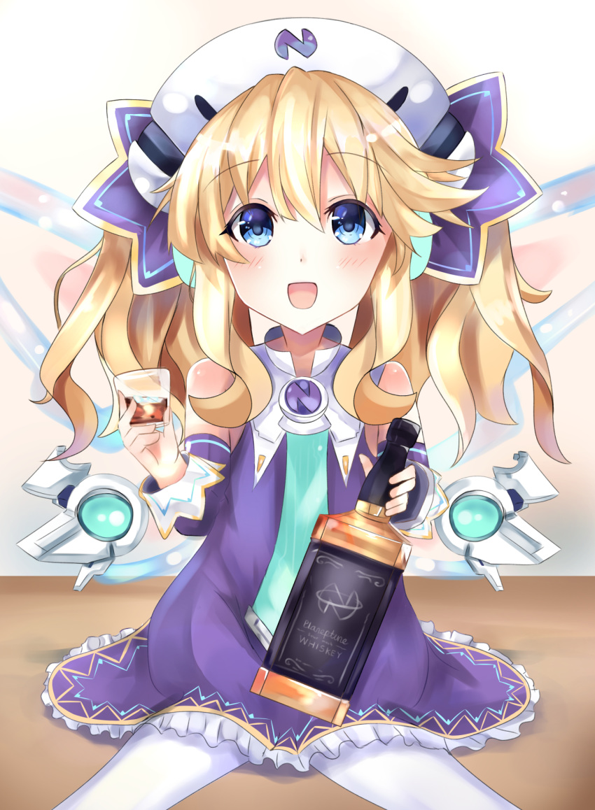 1girl alcohol bangs bare_shoulders bimmy blonde_hair blue_eyes blush bottle commentary cup detached_sleeves dress english_commentary eyebrows_visible_through_hair hair_between_eyes hair_ornament hat highres histoire holding holding_bottle holding_cup long_hair looking_at_viewer mechanical_wings neptune_(series) open_mouth purple_dress sidelocks sitting sleeveless sleeveless_dress smile solo twintails whiskey wings