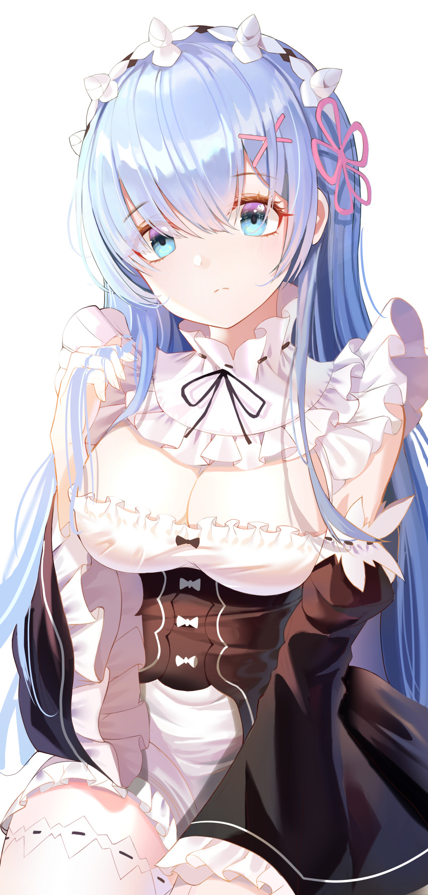 1girl absurdres ahr_tato alternate_hair_length alternate_hairstyle bangs blue_eyes blue_hair blush breasts cleavage commentary detached_sleeves dress eyebrows_visible_through_hair frills frown hair_ornament hair_over_one_eye hair_ribbon highres long_hair looking_at_viewer maid maid_headdress re:zero_kara_hajimeru_isekai_seikatsu rem_(re:zero) ribbon simple_background solo thighhighs white_background white_legwear x_hair_ornament