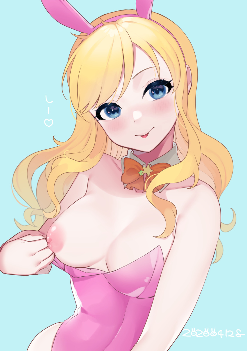 1girl absurdres animal_ears bare_shoulders blonde_hair blue_background blue_eyes blush breasts bunny_ears bunnysuit collarbone commentary_request dated eyebrows_visible_through_hair fake_animal_ears highres htt idolmaster idolmaster_cinderella_girls jewelry long_hair looking_at_viewer medium_breasts nipples ootsuki_yui ribbon simple_background smile solo star tongue tongue_out