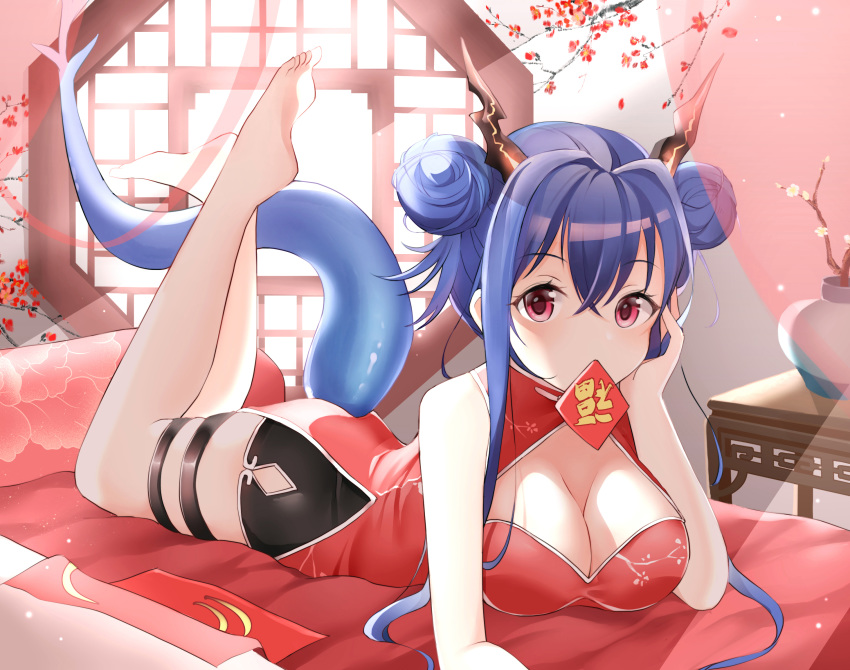 2020 animal_humanoid arknights asian_clothing barefoot blue_hair breasts chen_(arknights) chinese_clothing chinese_dress ciyuan_zhi_xi cleavage clothed clothing dragon dragon_humanoid dress east_asian_clothing feet female hair hair_bun hi_res horn humanoid humanoid_feet inside lying mouth_hold on_front pink_eyes