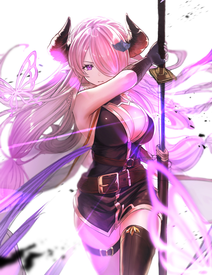 1girl absurdres bangs breasts celeryma cleavage closed_mouth commentary_request draph fingerless_gloves gloves granblue_fantasy granblue_fantasy_versus hair_ornament hair_over_one_eye highres holding holding_sword holding_weapon horns katana large_breasts long_hair looking_at_viewer narmaya_(granblue_fantasy) pink_hair pointy_ears purple_eyes serious sheath shiny shiny_hair shiny_skin simple_background single_thighhigh solo sword thigh_strap thighhighs tied_hair weapon