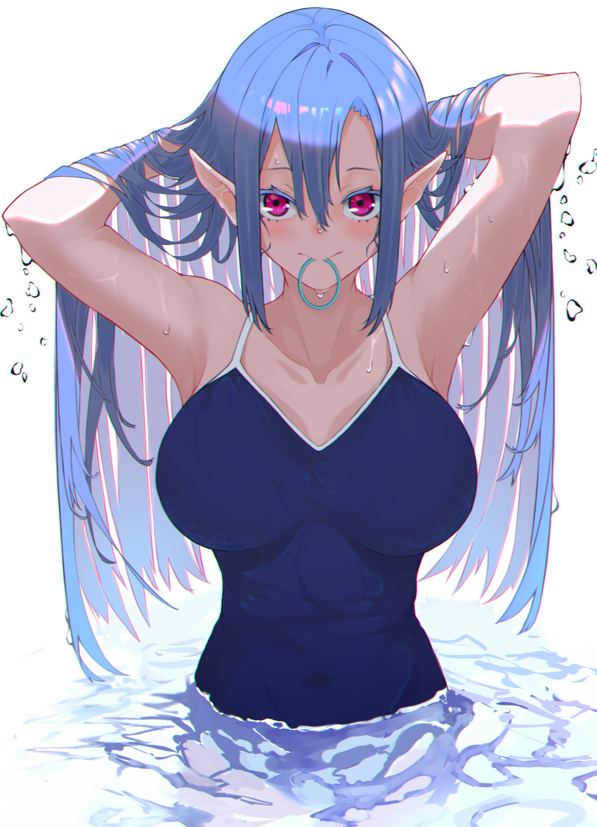 1girl absurdres armpits arms_up bangs bare_arms bare_shoulders blue_swimsuit blush breasts cleavage closed_mouth colored_eyelashes covered_navel elf hair_lift highres kesuno large_breasts long_hair looking_at_viewer one-piece_swimsuit original partially_submerged pink_eyes pointy_ears sidelocks simple_background smile solo straight_hair swimsuit upper_body very_long_hair water white_background