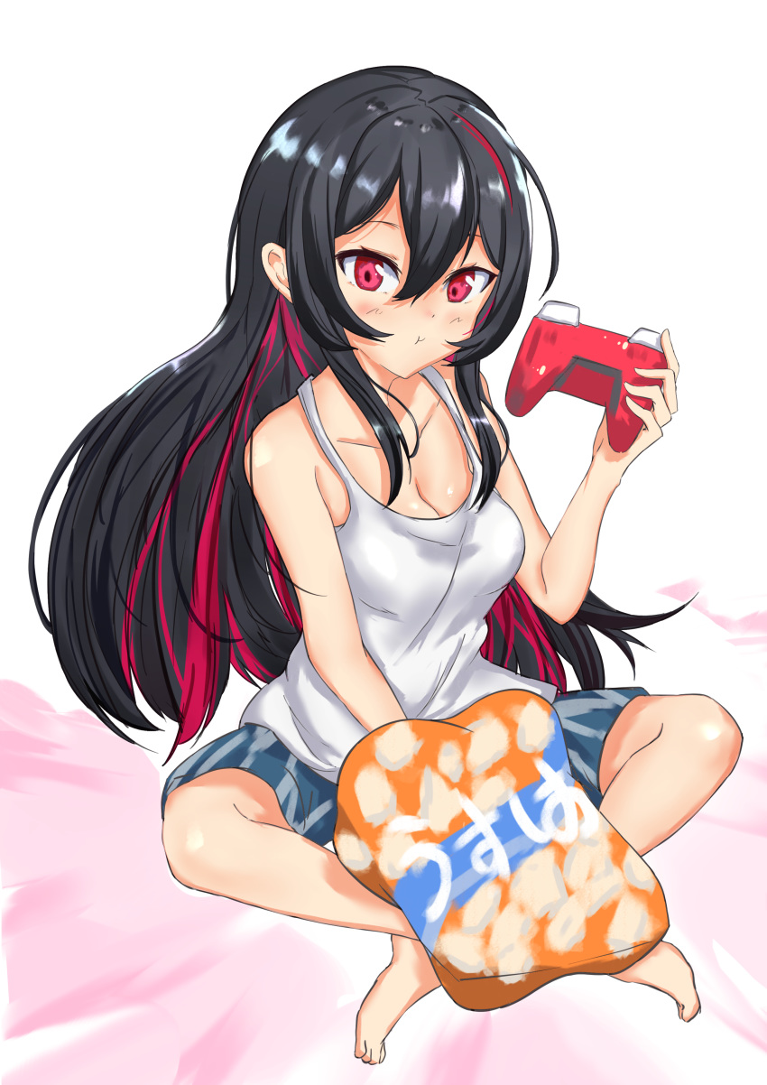 1girl absurdres anemone bangs bed_sheet black_hair blush breasts chips cleavage collarbone colored_inner_hair controller crossed_legs food game_controller hair_between_eyes highres multicolored_hair potato_chips pout red_eyes red_hair ren_(witch's_weapon) shorts sitting solo white_background white_camisole witch's_weapon