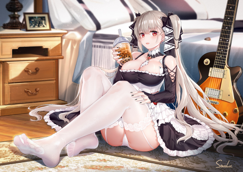 1girl absurdres azur_lane bare_shoulders bed bedroom between_breasts black_dress black_nails breasts brown_eyes bubble_tea chest_of_drawers cleavage commentary_request cup detached_collar disposable_cup dress dust_(394652411) electric_guitar formidable_(azur_lane) frilled_dress frills garter_straps guitar hair_ribbon hand_on_own_thigh highres holding_drink indoors instrument large_breasts long_hair open_mouth panties photo_(object) pillow platinum_blonde_hair plectrum ribbon silver_hair sitting twintails two-tone_dress two-tone_ribbon underwear very_long_hair white_legwear white_panties wooden_floor