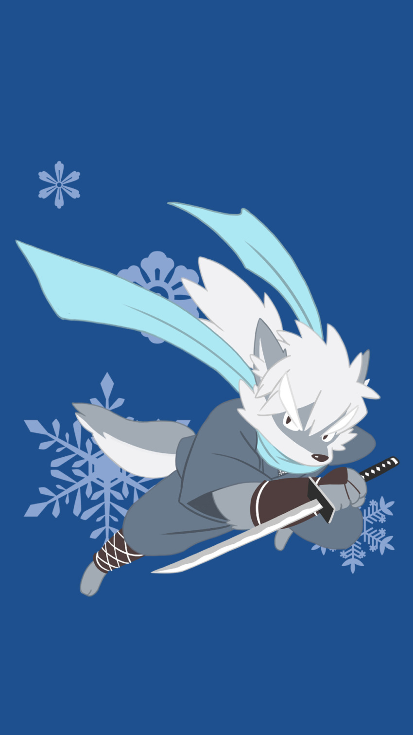 2015 9:16 anthro black_nose blue_background bottomwear canid canine canis clothed clothing hi_res kemono kinoshita-jiroh male mammal oroshi_(the_spicy_ninja_scrolls) pants robe scarf simple_background solo the_spicy_ninja_scrolls wolf