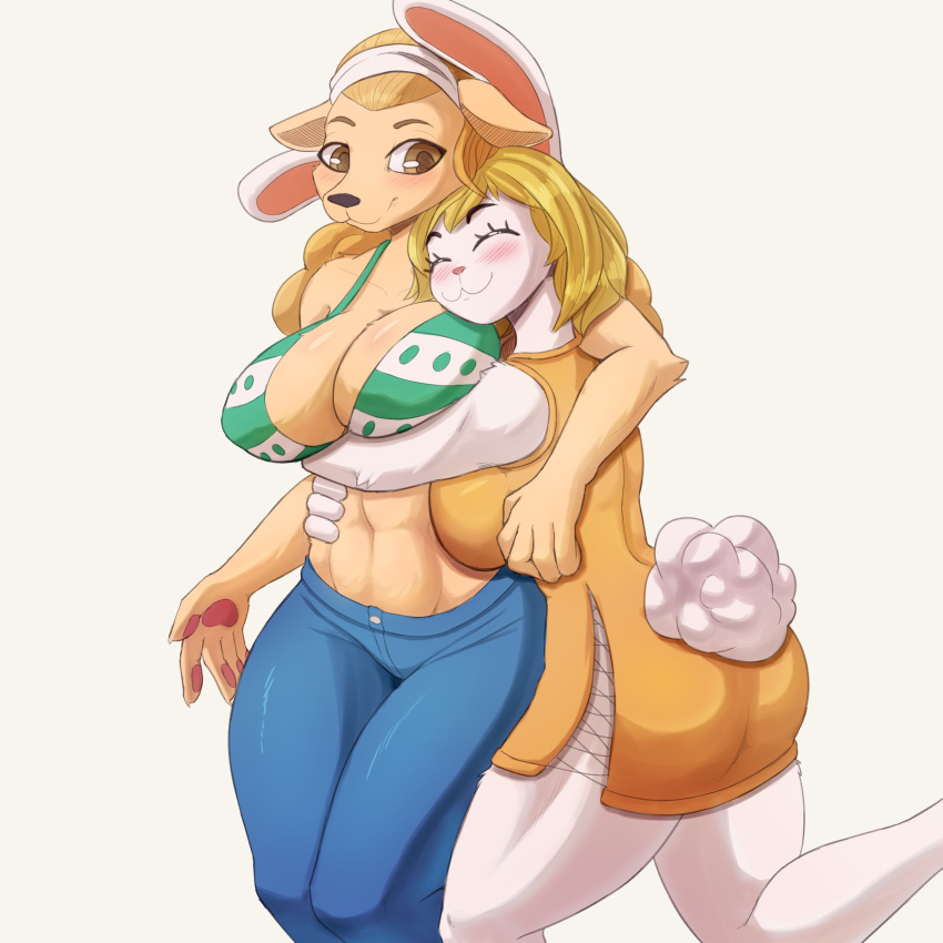 1:1 2020 absurd_res anthro blonde_hair blush breast_rest breasts brown_body brown_eyes brown_fur brown_hair canid canine canis carrot_(one_piece) cleavage clothed clothing cooliehigh domestic_dog duo eyes_closed female fur hair hi_res hug lagomorph leporid mammal minkmen_(one_piece) one_piece rabbit simple_background wanda_(one_piece) white_background white_body white_fur