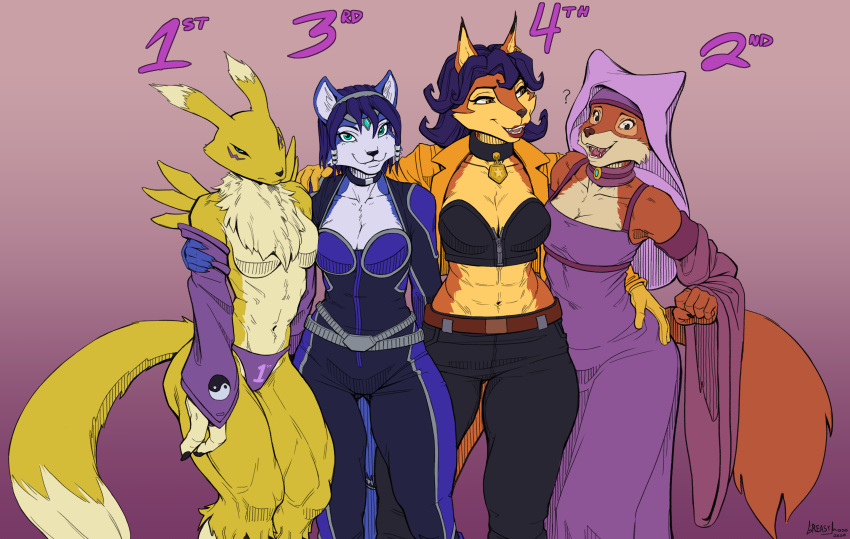 ? absurd_res anthro armwear big_breasts breasts canid canine carmelita_fox chest_tuft cleavage clothed clothing collar digimon digimon_(species) disney dress featureless_breasts female fox greasymojo group hi_res krystal maid_marian mammal nintendo renamon robin_hood_(disney) sly_cooper_(series) sony_corporation sony_interactive_entertainment star_fox sucker_punch_productions text topless tuft video_games