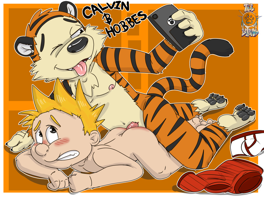 2020 4:3 4_toes absurd_res anal anal_penetration anthro anthro_penetrating anthro_penetrating_human black_body black_ears black_eyes black_fur black_tail black_text blonde_hair blush butt calvin_(calvin_and_hobbes) calvin_and_hobbes character_name cheek_tuft clothing dipstick_tail discarded_clothing facial_tuft felid from_behind_position fur fur_tuft genitals hair head_tuft hi_res hobbes human human_on_anthro human_penetrated interspecies lying male male/male male_on_human male_penetrating mammal multicolored_clothing multicolored_tail multicolored_underwear nipples on_front one_eye_closed orange_body orange_fur orange_tail pantherine pawpads penetration penis pink_nipples pink_penis pink_tongue red_clothing reddened_butt sex striped_body striped_fur striped_tail stripes teedraws teeth text tiger toes tongue tuft two_tone_clothing two_tone_tail two_tone_underwear underwear white_clothing white_underwear young