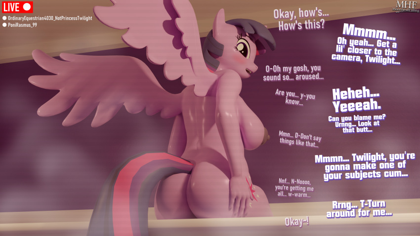 16:9 3d_(artwork) 4k absurd_res big_breasts blush breasts butt dialogue digital_media_(artwork) english_text equid female friendship_is_magic hi_res holding_butt horn looking_back mammal moorsheadfalling my_little_pony nude rear_view sitting solo text twilight_sparkle_(mlp) widescreen winged_unicorn wings