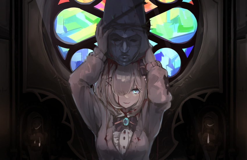1girl blasphemous blood blood_on_face bloody_clothes blue_eyes brown_hair cardigan frilled_shirt frills hair_ornament hairclip helmet highres jewelry kisaragisisui nijisanji one_eye_covered parted_lips ribbon shirt smile solo stained_glass suzuhara_lulu upper_body virtual_youtuber