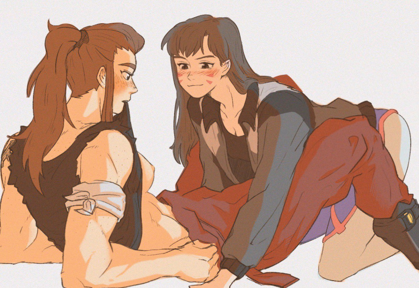 2girls all_fours assertive bandaged_arm bandages blush bodysuit breasts brigitte_(overwatch) brown_hair buba commentary_request d.va_(overwatch) downblouse freckles girl_on_top lifted_by_self long_hair lying medium_breasts mouth_hold multiple_girls muscle muscular_female nipples no_bra nose nose_blush on_back overalls_removed overwatch pilot_suit ponytail shirt_lift shoulder_tattoo smile tank_top tattoo thick_eyebrows whisker_markings yuri