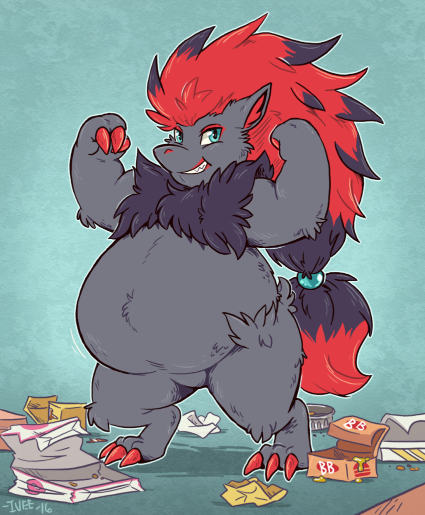 2016 ambiguous_gender bead belly big_belly black_body black_fur claws colored_nails flexing food foot_wraps fur grey_body grey_fur hair hi_res iveechan markings nails nintendo overweight pok&eacute;mon pok&eacute;mon_(species) red_body red_claws red_fur red_hair red_markings shadow shaggy_fur signature smile solo teal_eyes video_games wraps zoroark