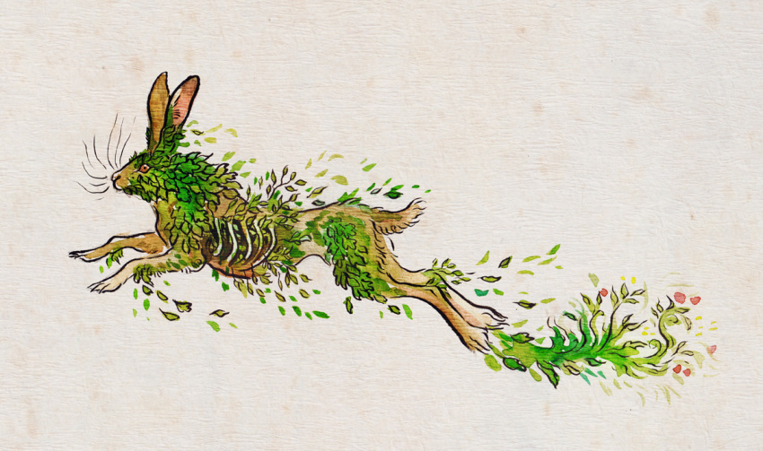 ambiguous_gender bone brown_body brown_fur digital_media_(artwork) fur hare jumping lagomorph leaf leporid mammal maquenda plant red_sclera simple_background solo undead whiskers white_background