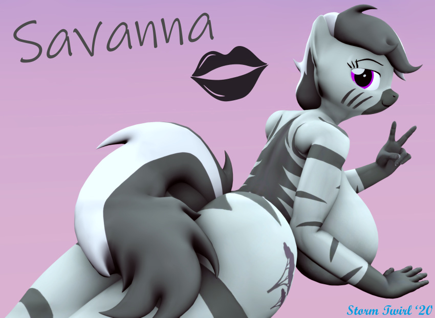 3d_(artwork) anthro big_breasts big_butt breasts butt digital_media_(artwork) equid equine female gesture hi_res huge_breasts kiss_mark lying mammal my_little_pony nude on_front simple_background solo stormtwirl text v_sign zebra