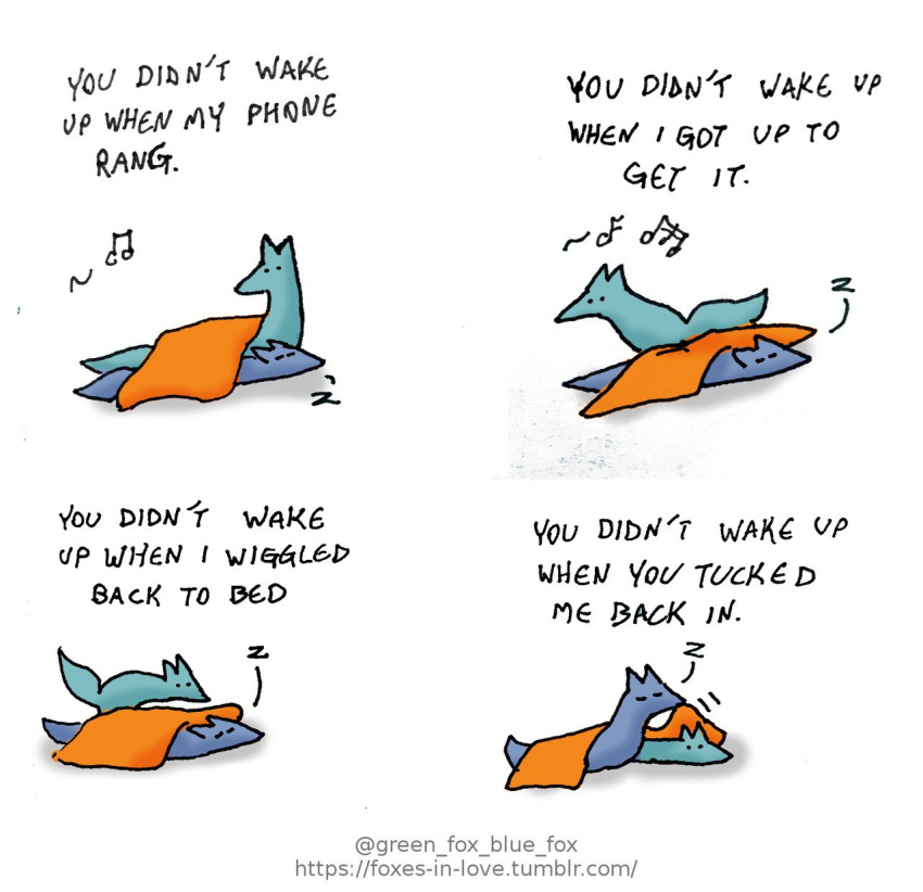 blue_body blue_fox_(foxes_in_love) blue_fur canid canine comic couple_(disambiguation) dialogue duo english_text feral fox foxes_in_love fur green_body green_fox_(foxes_in_love) green_fur hi_res mammal note sleeping text url
