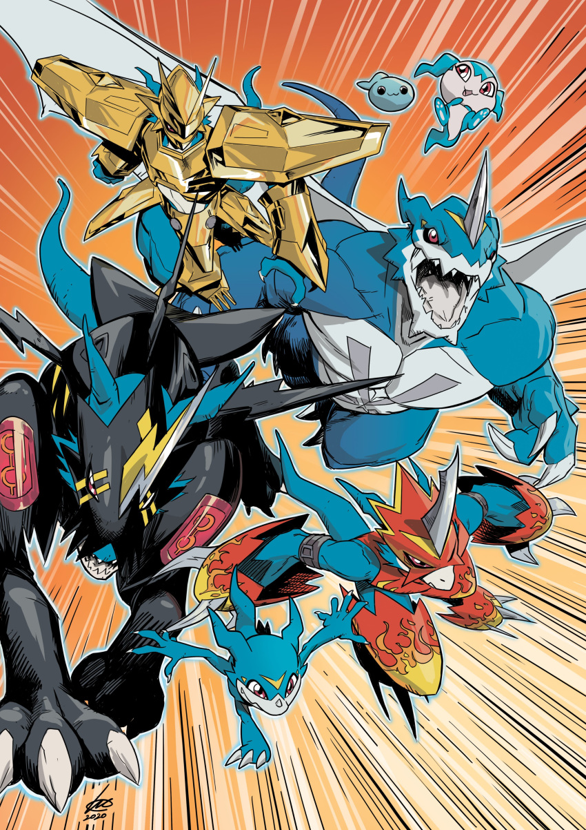 2020 absurd_res anthro armor blue_body chibomon claws demiveemon digimon digimon_(species) dragon evolutionary_family exveemon feral fiorelliivan flamedramon hi_res horn magnamon male markings orange_background pawpads raidramon red_eyes reptile scalie signature simple_background teeth toe_claws veemon white_markings white_pawpads yellow_background yellow_markings