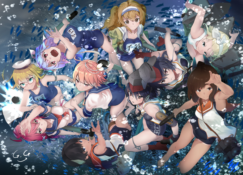 6+girls absurdres ahoge black_hair black_swimsuit blonde_hair blue_eyes blue_hair blue_sailor_collar breasts brown_eyes brown_hair eyebrows_visible_through_hair from_above gegeron glasses green_eyes hair_between_eyes hairband hat highres huge_filesize i-13_(kantai_collection) i-14_(kantai_collection) i-168_(kantai_collection) i-19_(kantai_collection) i-26_(kantai_collection) i-400_(kantai_collection) i-401_(kantai_collection) i-504_(kantai_collection) i-58_(kantai_collection) i-8_(kantai_collection) kantai_collection large_breasts light_brown_hair long_hair looking_up luigi_torelli_(kantai_collection) medium_breasts multiple_girls name_tag new_school_swimsuit old_school_swimsuit one-piece_swimsuit open_mouth orange_sailor_collar pink_eyes pink_hair pink_neckwear ponytail red-framed_eyewear red_eyes red_neckwear sailor_collar sailor_hat sailor_shirt school_swimsuit school_uniform serafuku shirt short_hair short_sleeves signature sleeveless sleeveless_shirt small_breasts smile star star-shaped_pupils swimsuit swimsuit_under_clothes symbol-shaped_pupils torpedo tri_tails two-tone_hairband water white_hairband white_headwear white_shirt