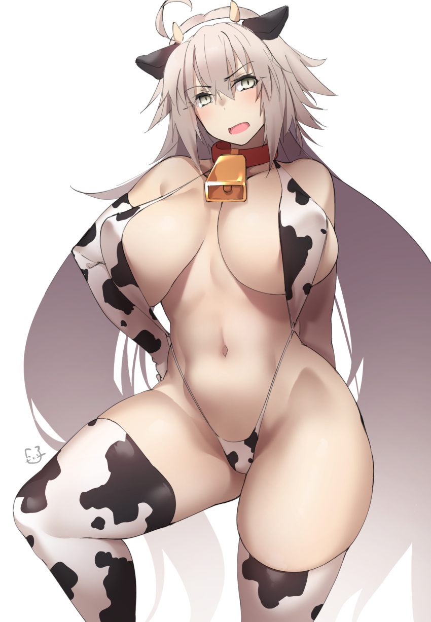 1girl ahoge animal_ears animal_print bangs bell blush breasts cleavage collar cow_ears cow_print cowbell fake_animal_ears fate/grand_order fate_(series) highres jeanne_d'arc_(alter)_(fate) jeanne_d'arc_(fate) kuronyan large_breasts long_hair looking_at_viewer navel neck_bell open_mouth silver_hair slingshot_swimsuit solo swimsuit thighs very_long_hair white_swimsuit yellow_eyes