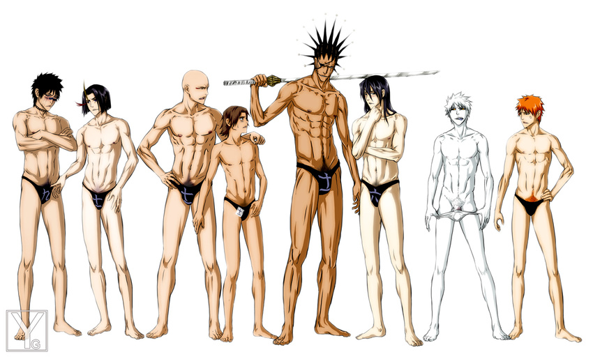 asano_keigo ayasegawa_yumichika bleach byakuya_kuchiki hisagi_shuuhei hollow_ichigo ichigo_kurosaki ikakku_madarame keigo_asano kenpachi_zaraki kuchiki_byakuya kurosaki_ichigo lineup madarame_ikkaku male pale pale_skin poke poking shirosaki_hichigo shuhei_hisagi undressing yanagoya yumichika_ayasegawa zaraki_kenpachi