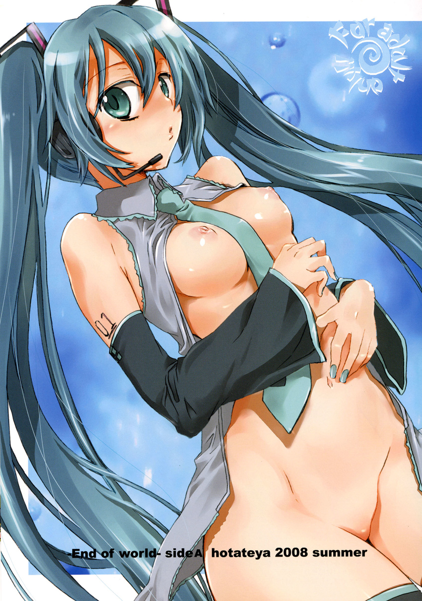 absurdres aqua_nails blush breasts detached_sleeves green_eyes green_hair hatsune_miku headphones highres james_hotate long_hair medium_breasts microphone nail_polish nipples no_panties open_clothes open_shirt shirt solo twintails vocaloid