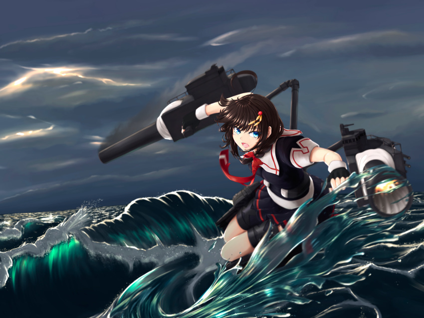 1girl absurdres ahoge black_hair black_serafuku black_shirt black_skirt blue_eyes braid cannon cloud cloudy_sky hair_flaps hair_ornament hair_over_shoulder highres kantai_collection m134 neckerchief ocean outdoors pleated_skirt red_neckwear remodel_(kantai_collection) rigging school_uniform serafuku shigure_(kantai_collection) shirt single_braid skirt sky solo thigh_strap torpedo_launcher turret waves